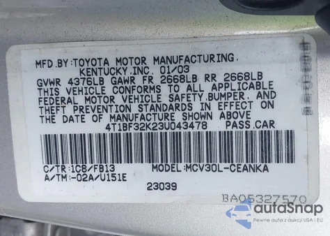 2003 Toyota Camry Le z USA, uszkodzony, nr VIN 4T1BF32K23U043478